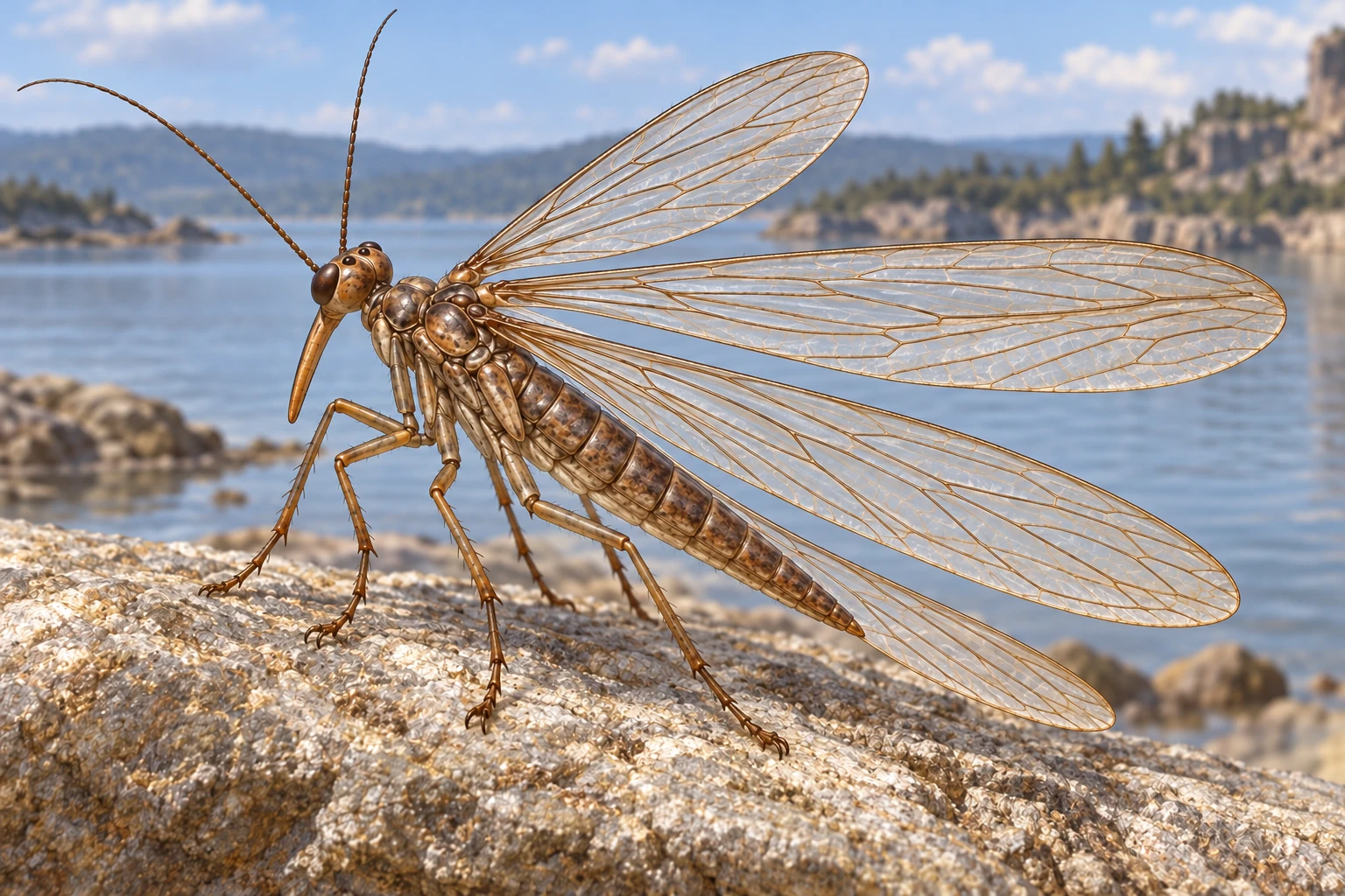 Illustrative life reconstruction of Jurassipanorpa in a period-appropriate environment; coloration and missing anatomy are interpretations.