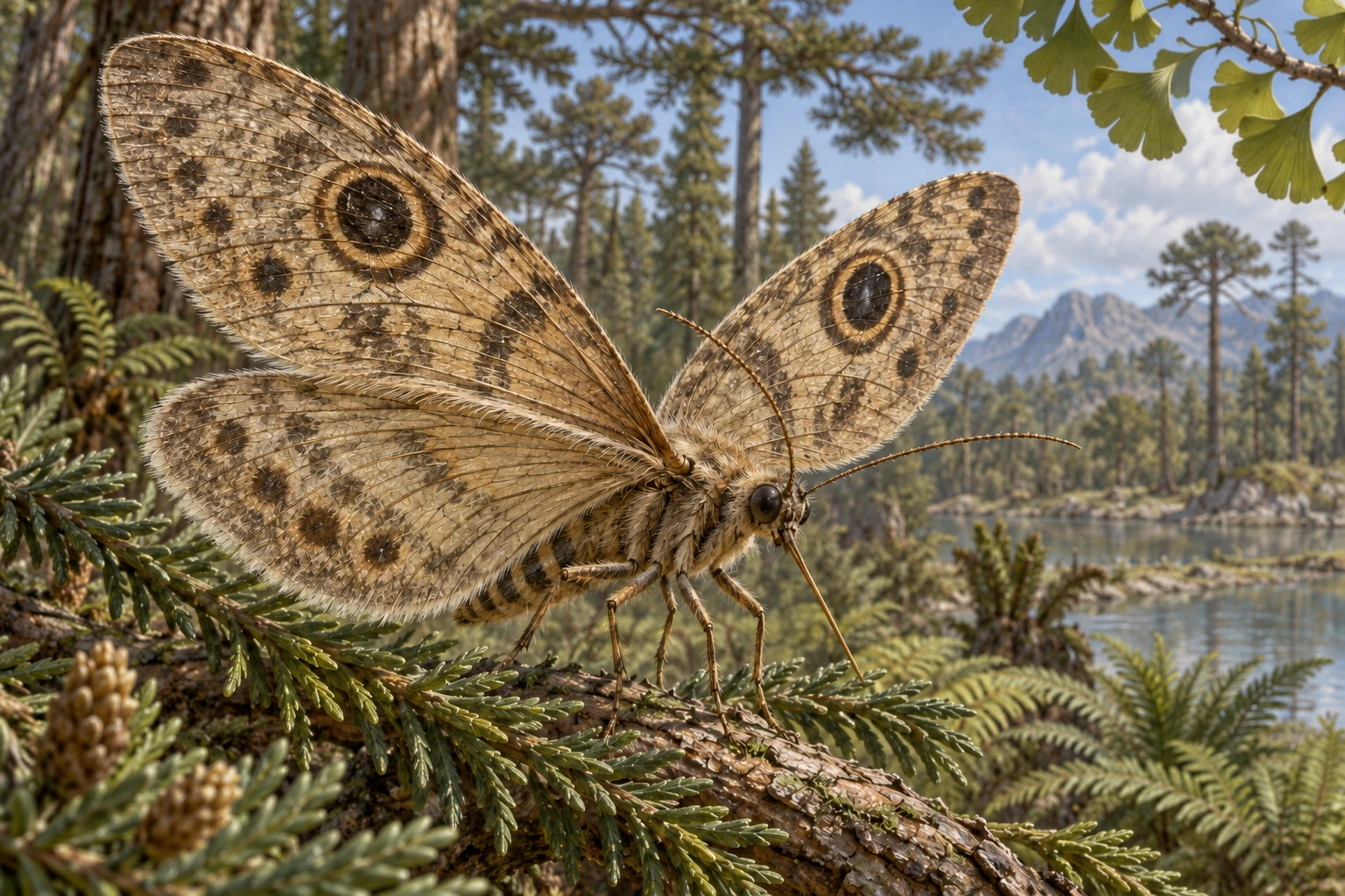 Illustrative life reconstruction of Kalligramma in a period-appropriate environment; coloration and missing anatomy are interpretations.
