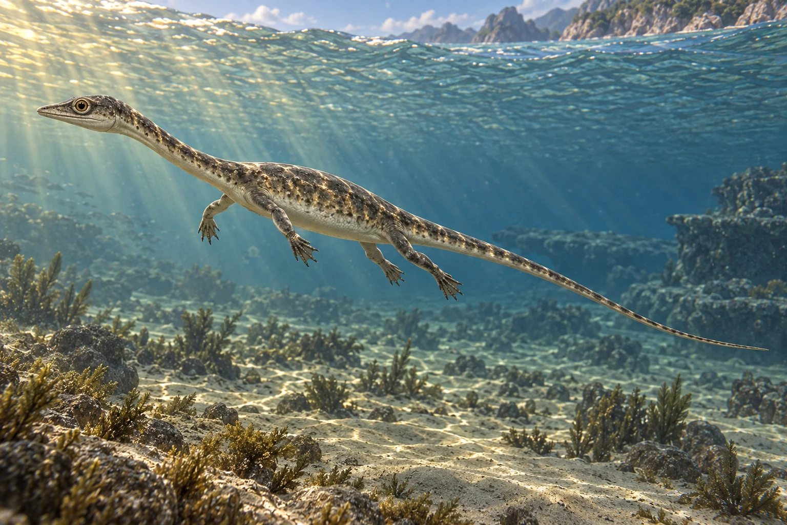 Illustrative life reconstruction of Keichousaurus in its interpreted aquatic environment.