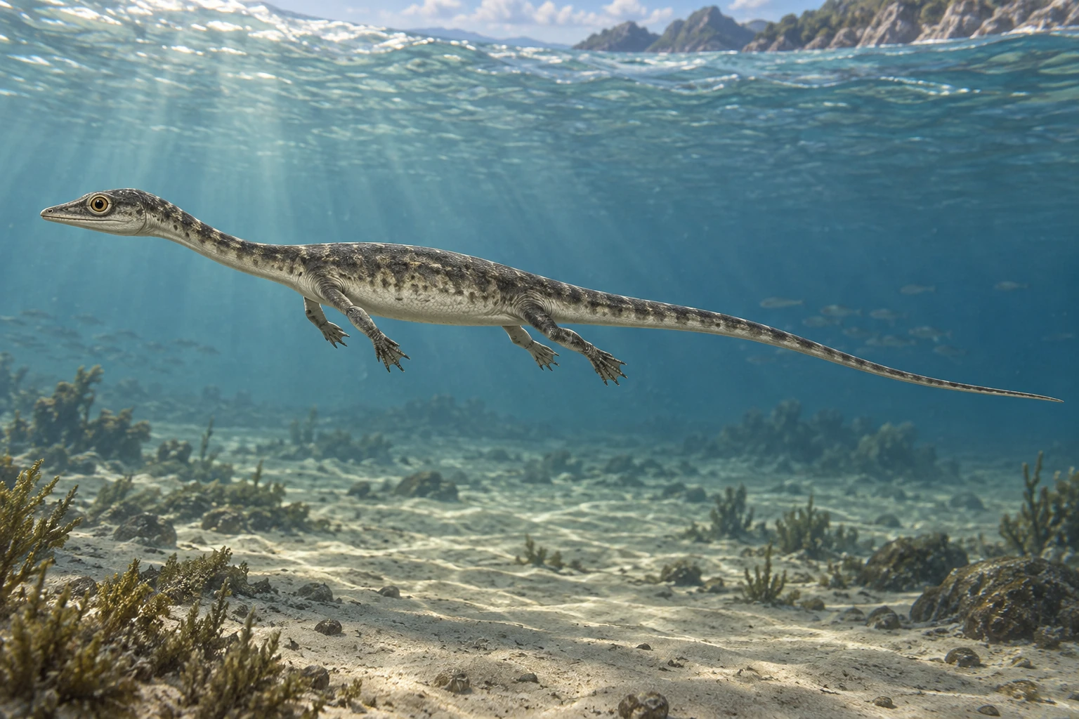 Illustrative life reconstruction of Keichousaurus in a period-appropriate environment; coloration and missing anatomy are interpretations.