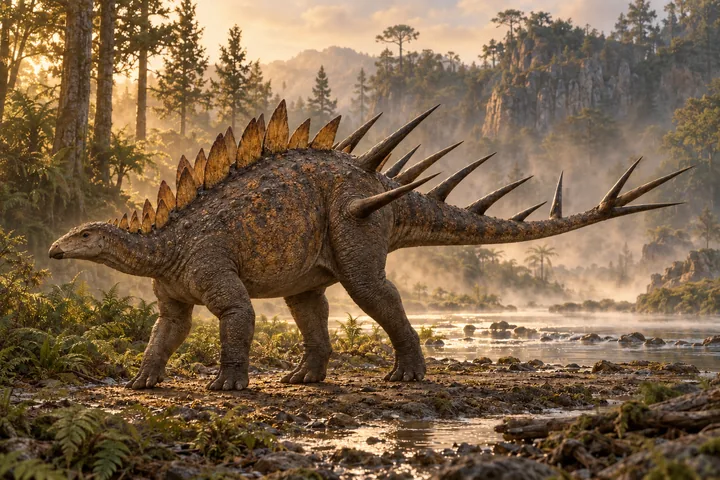 Full-body movie-style Kentrosaurus in a dramatic prehistoric landscape; Original artwork.