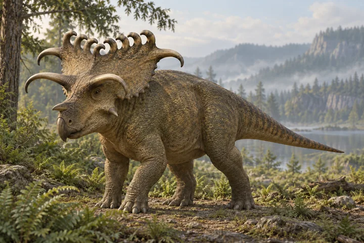 Illustrative reconstruction of Kosmoceratops; colors, soft tissues and missing anatomy remain interpretive.