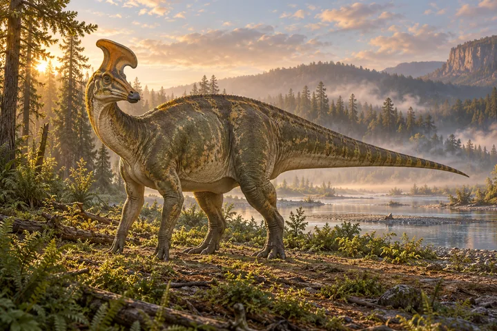 Full-body movie-style Lambeosaurus in a dramatic prehistoric landscape; Original artwork.