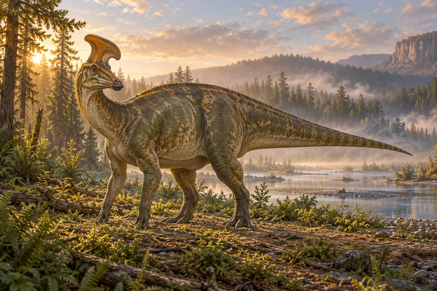 Original cinematic Lambeosaurus picture: Cinematic Lambeosaurus with a recognizable hatchet-shaped crest, duck-like toothless snout, shorter forelimbs and long tail; speculative colours, no invented crest openings.