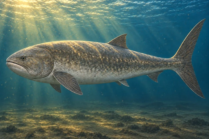 Leedsichthys problematicus restored in a period-appropriate marine setting; colors and missing soft tissues are interpretive.