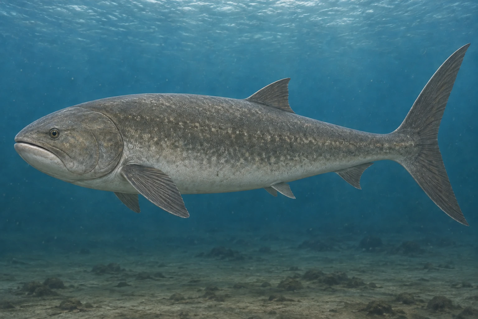 Illustrative life reconstruction of Leedsichthys in a period-appropriate environment; coloration and missing anatomy are interpretations.