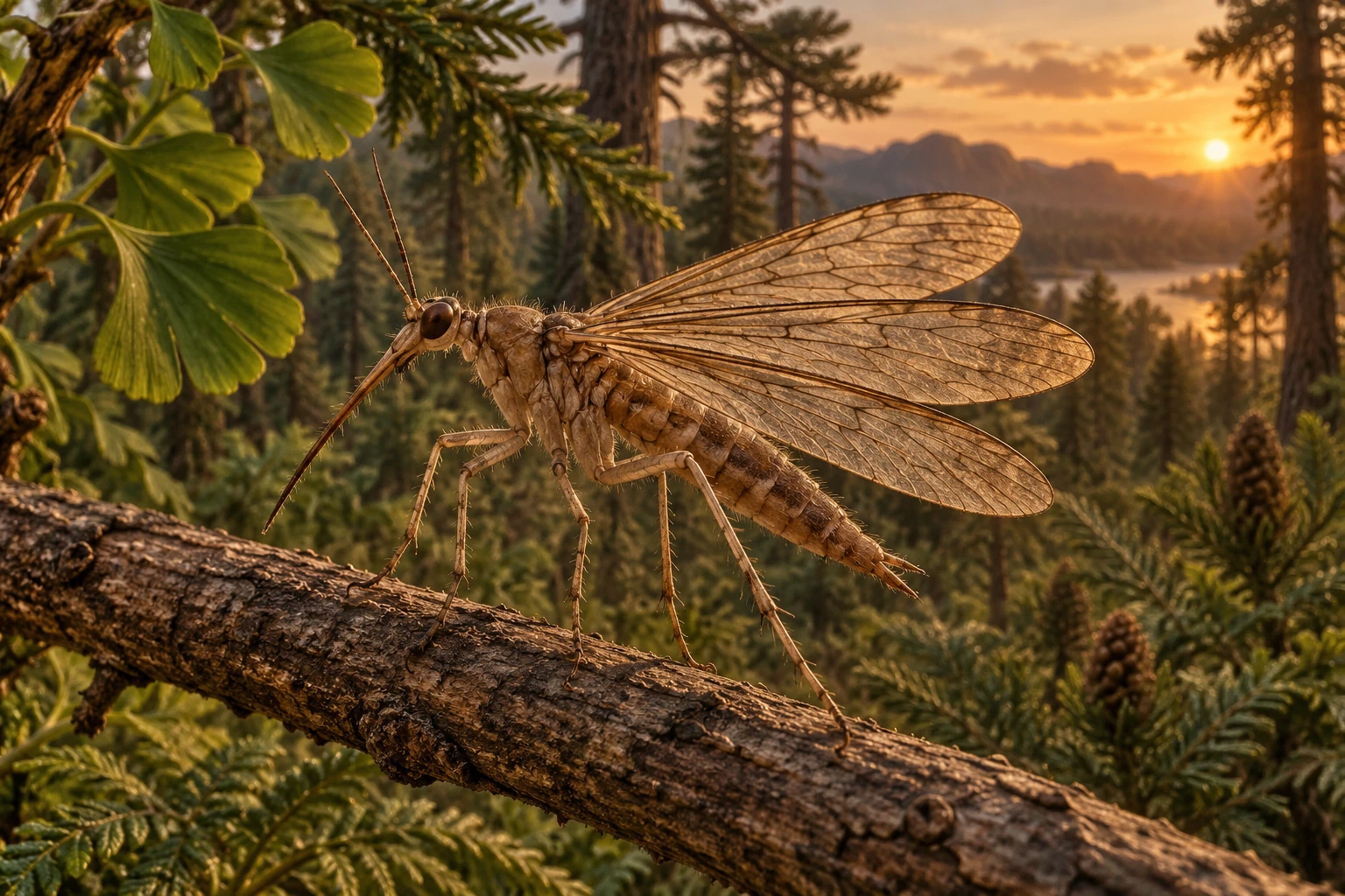 Illustrative living reconstruction of Lichnomesopsyche; missing anatomy and exact colors remain uncertain.