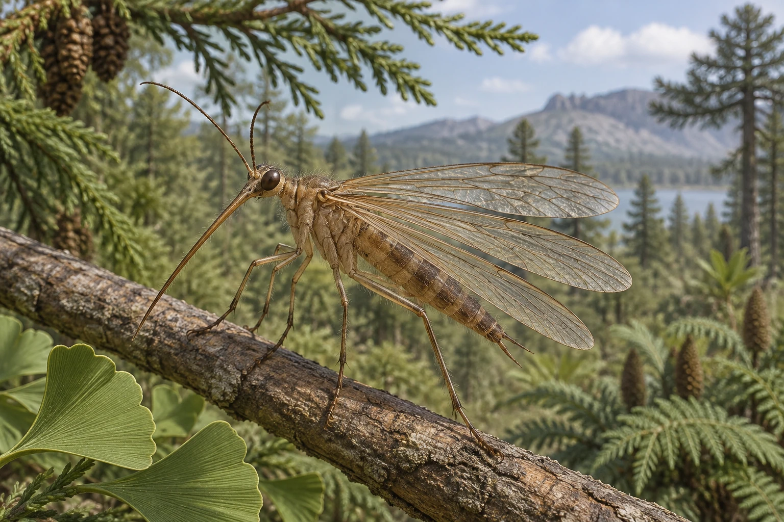 Illustrative life reconstruction of Lichnomesopsyche in a period-appropriate environment; coloration and missing anatomy are interpretations.
