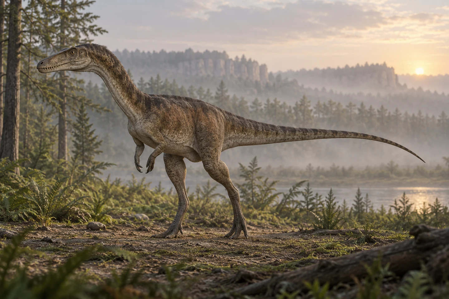 Illustrative reconstruction of Liliensternus liliensterni; missing anatomy, covering and colors are hypotheses.