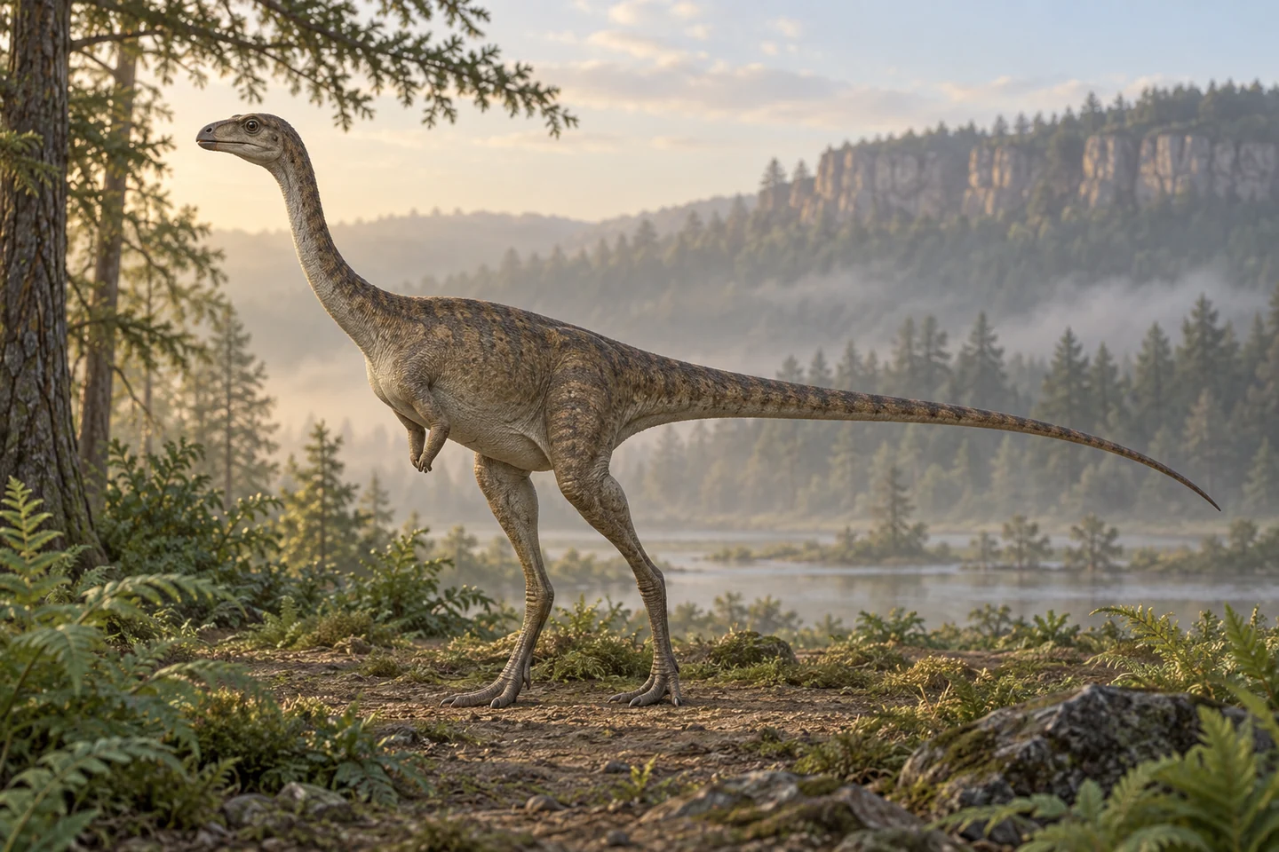 Illustrative reconstruction of Limusaurus inextricabilis; missing anatomy, covering and colors are hypotheses.