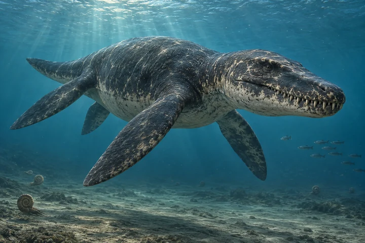 Artistic reconstruction of Liopleurodon in a marine setting; colors and missing soft tissues are interpretations.