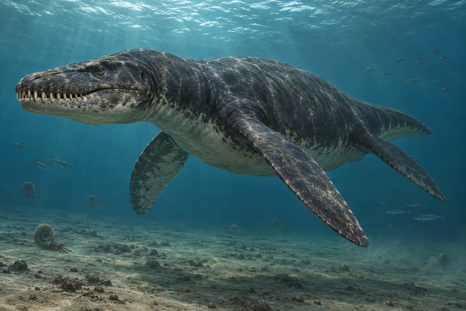 Illustrative life reconstruction of Liopleurodon in a period-appropriate environment; coloration and missing anatomy are interpretations.