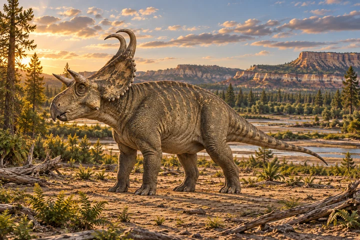 Illustrative reconstruction of Machairoceratops cronusi; missing anatomy, pose, skin and colors are hypotheses.