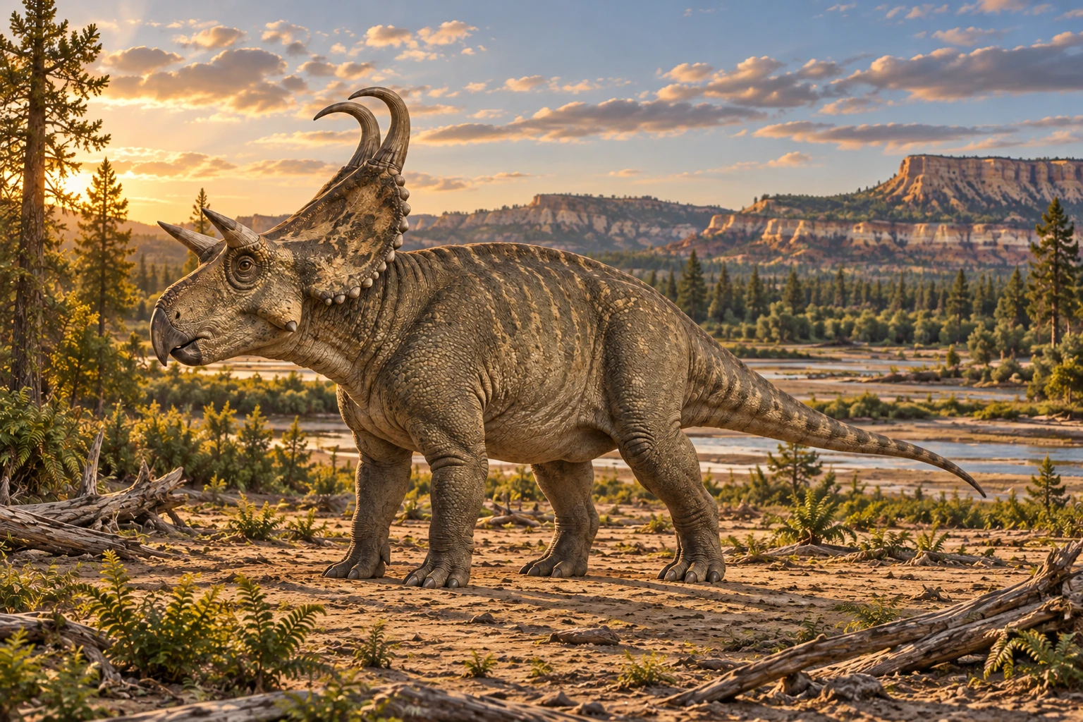 Illustrative reconstruction of Machairoceratops cronusi; missing anatomy, pose, skin and colors are hypotheses.