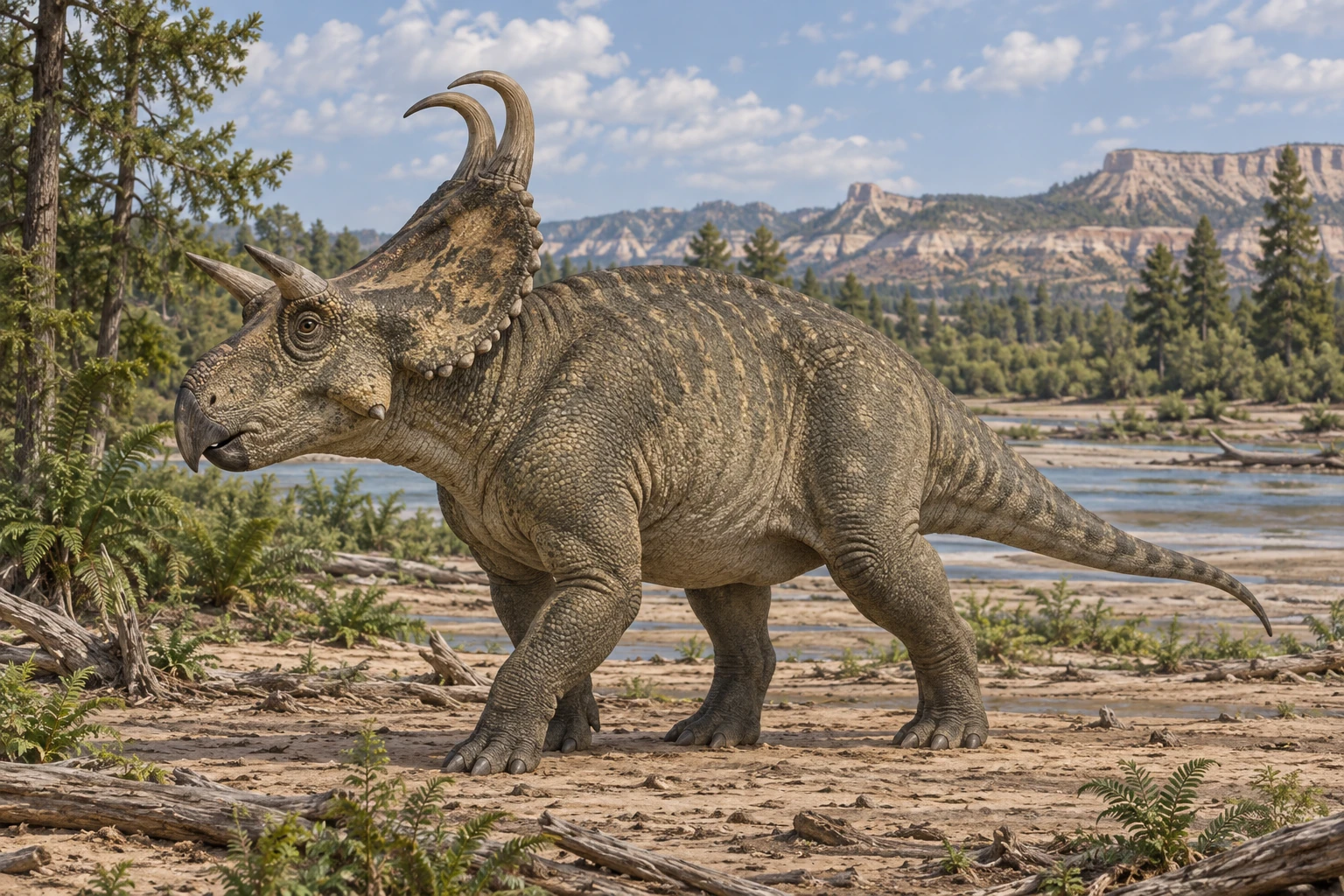 Illustrative life reconstruction of Machairoceratops in a period-appropriate environment; coloration and missing anatomy are interpretations.