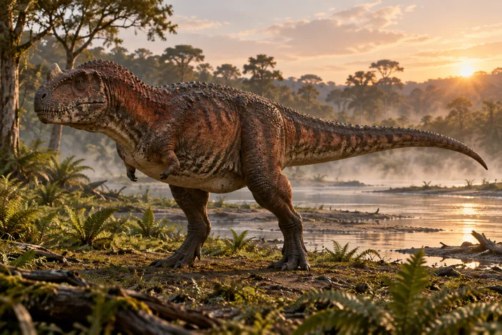 Full-body movie-style Majungasaurus in a dramatic prehistoric landscape; Original artwork.