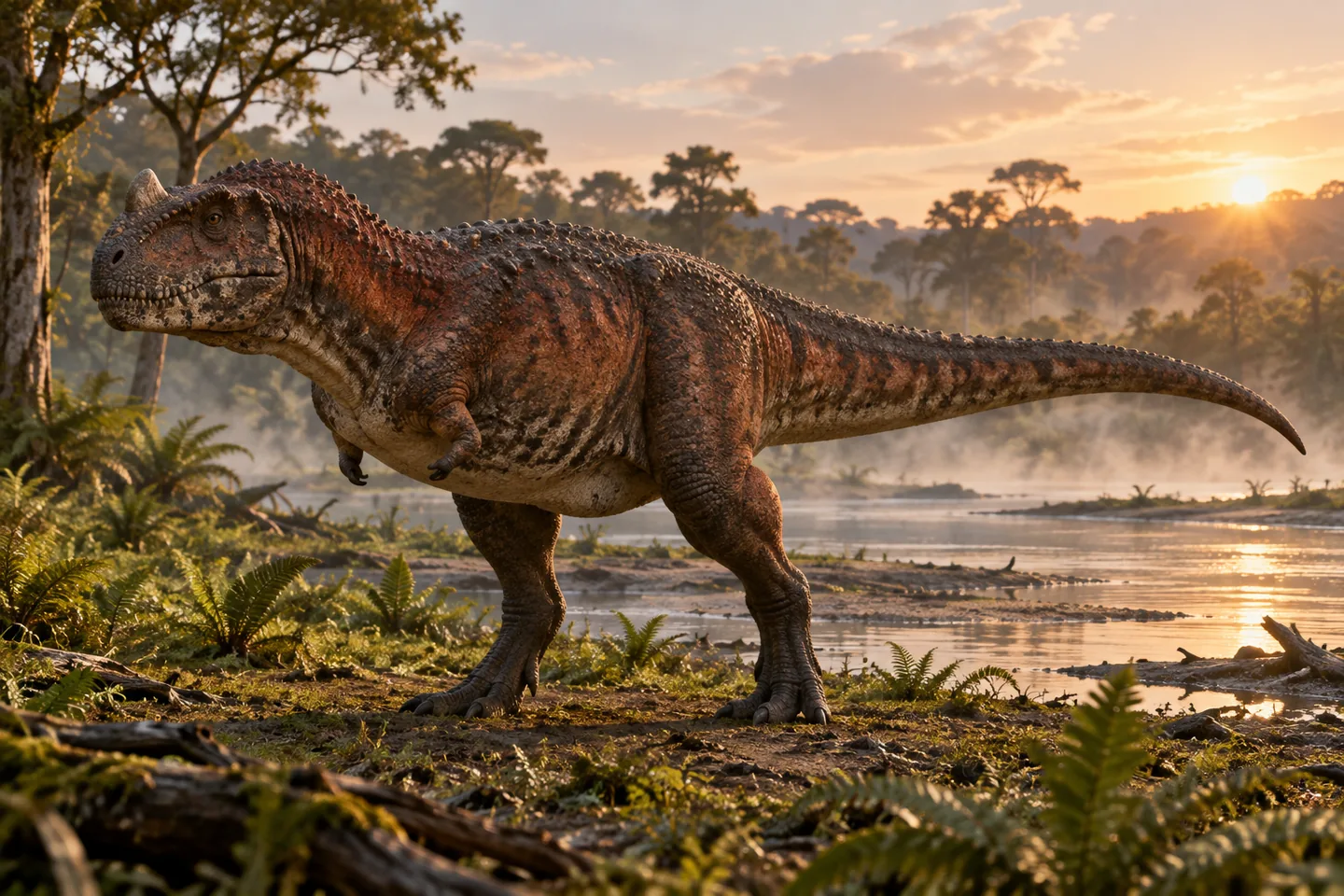 Original cinematic Majungasaurus picture: Cinematic Majungasaurus crenatissimus with a robust rough-surfaced head, small median forehead horn and extremely reduced arms; colors and fleshy ornament are artistic.