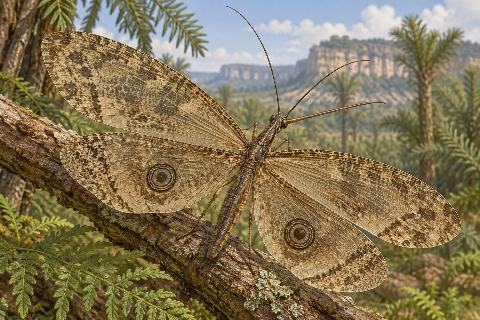 Illustrative life reconstruction of Makarkinia in a period-appropriate environment; coloration and missing anatomy are interpretations.