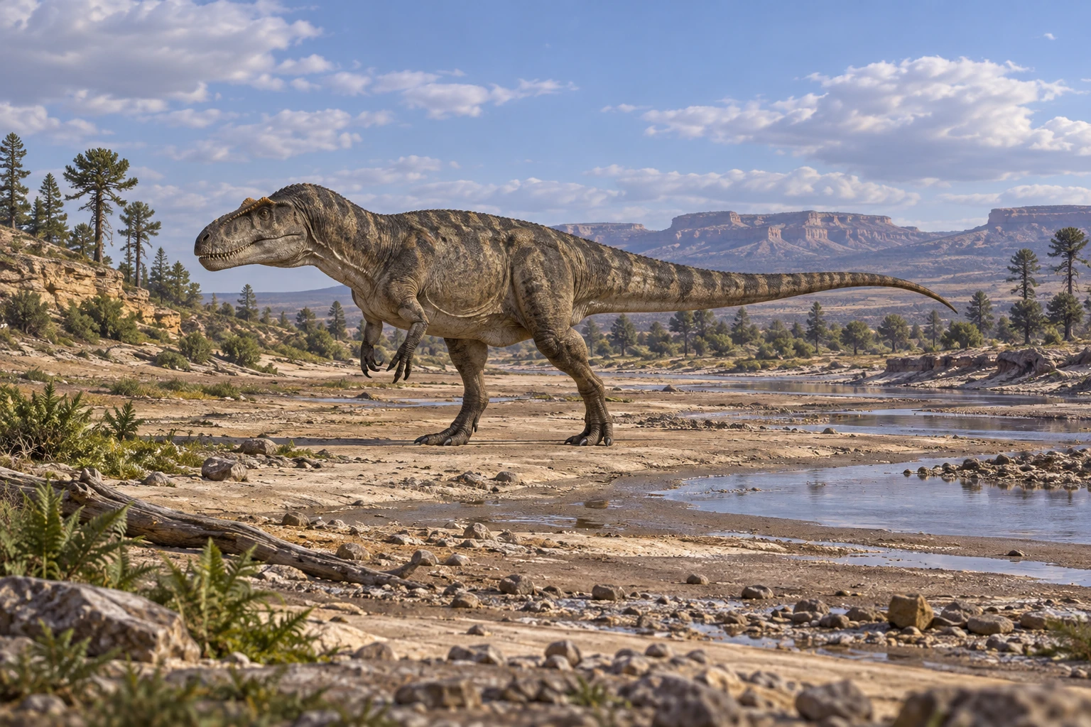Illustrative life reconstruction of Mapusaurus in a period-appropriate environment; coloration and missing anatomy are interpretations.