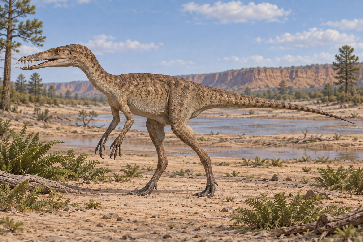 Illustrative life reconstruction of Masiakasaurus in a period-appropriate environment; coloration and missing anatomy are interpretations.