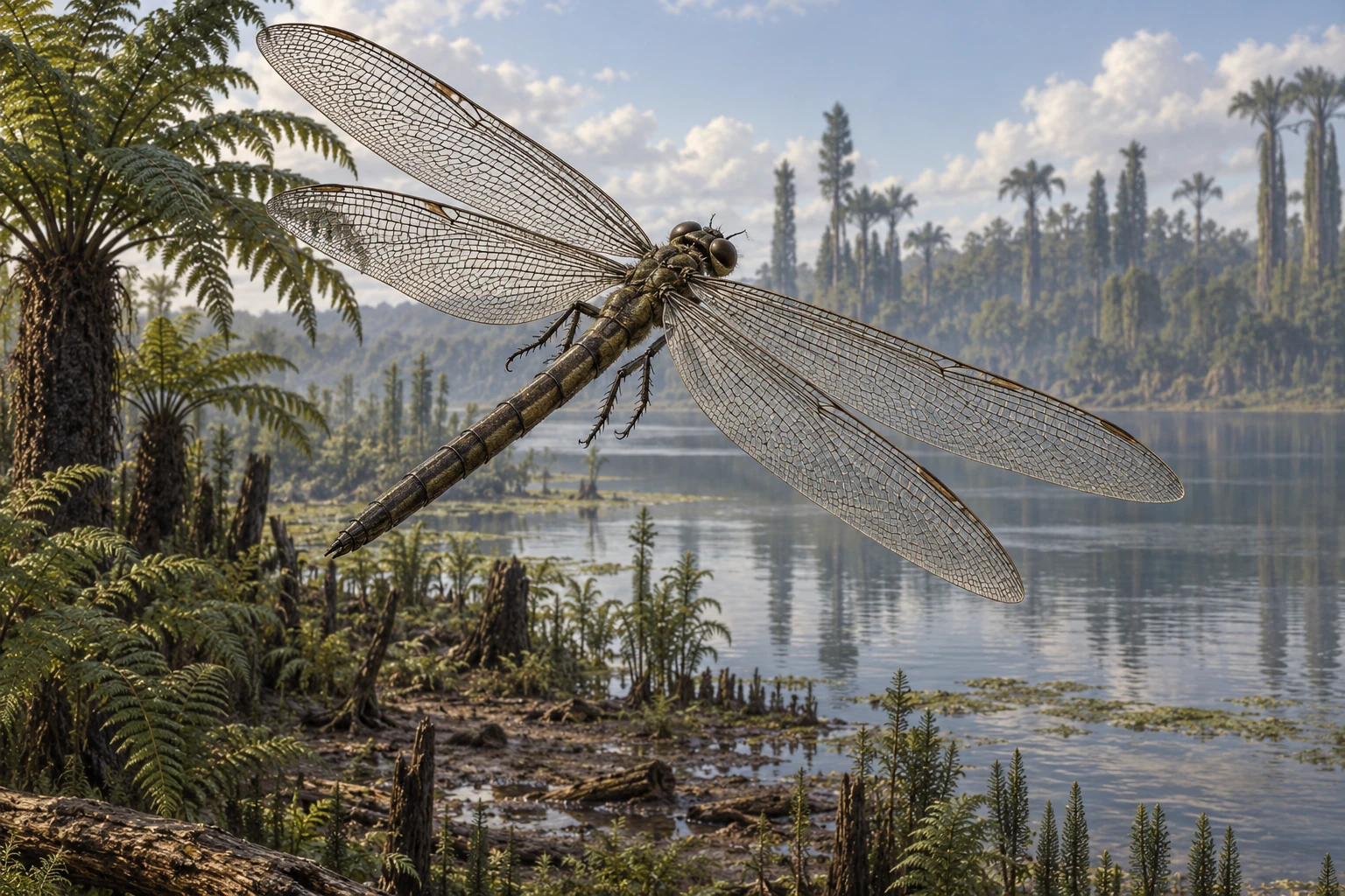 Illustrative life reconstruction of Meganeura in a period-appropriate environment; coloration and missing anatomy are interpretations.