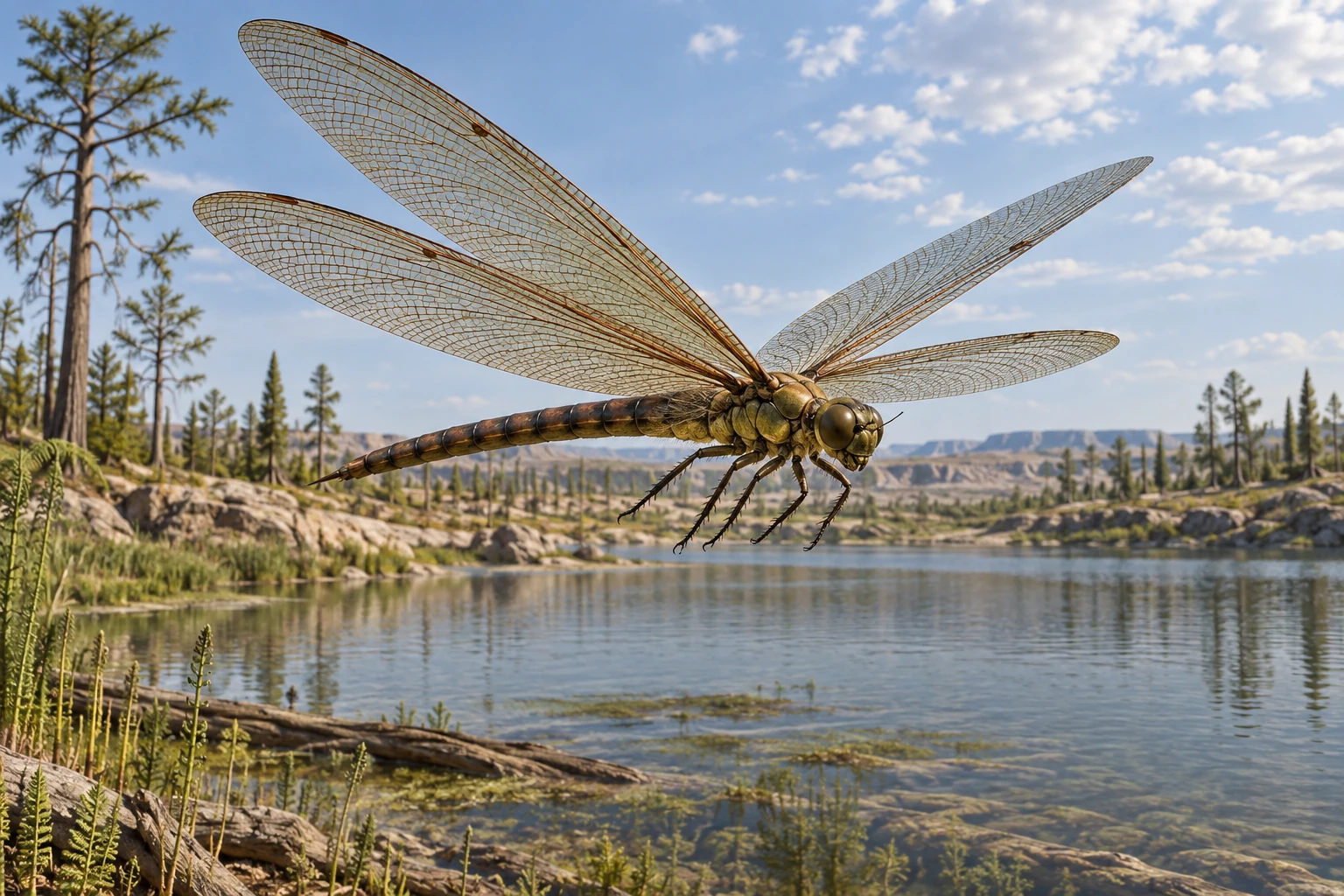 Illustrative life reconstruction of Meganeuropsis in a period-appropriate environment; coloration and missing anatomy are interpretations.