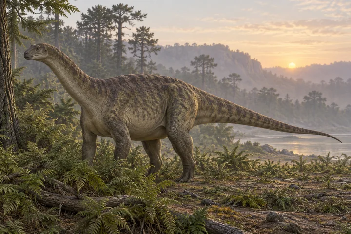 Artistic reconstruction of Melanorosaurus; colors and soft tissues are illustrative.