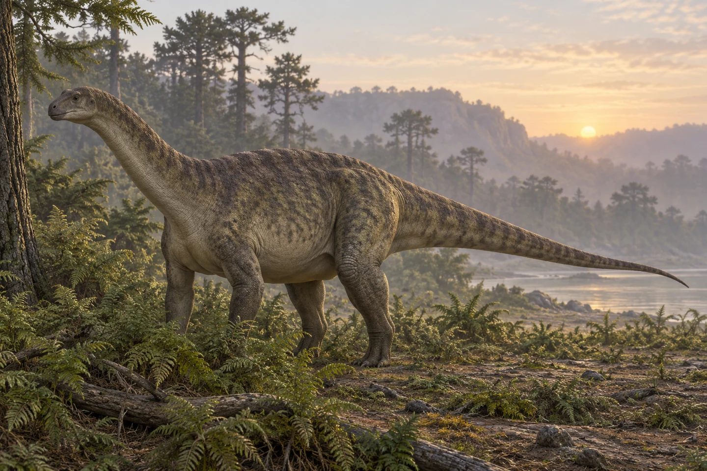 Artistic reconstruction of Melanorosaurus; colors and soft tissues are illustrative.