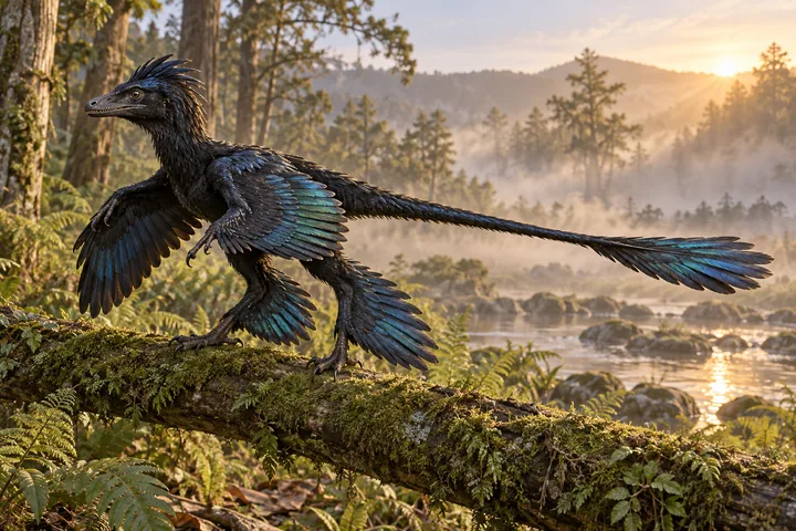 Full-body movie-style Microraptor in a dramatic prehistoric landscape; Original artwork.