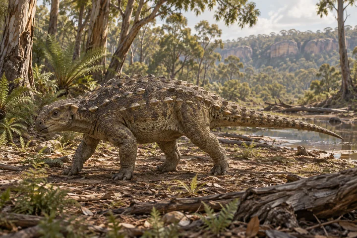 Illustrative reconstruction of Minmi as a small four-legged armored dinosaur; missing head and body details are interpretive.