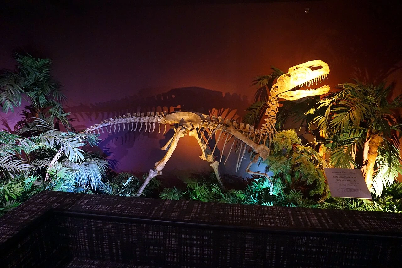 Monolophosaurus cast skeleton at Milwaukee Public Museum, with a single crest along its skull.