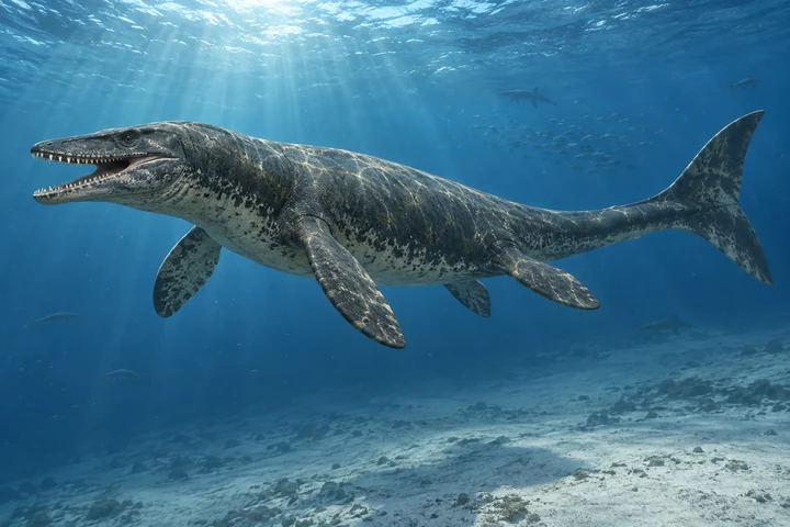 Artistic reconstruction of Mosasaurus in a marine setting; colors and missing soft tissues are interpretations.