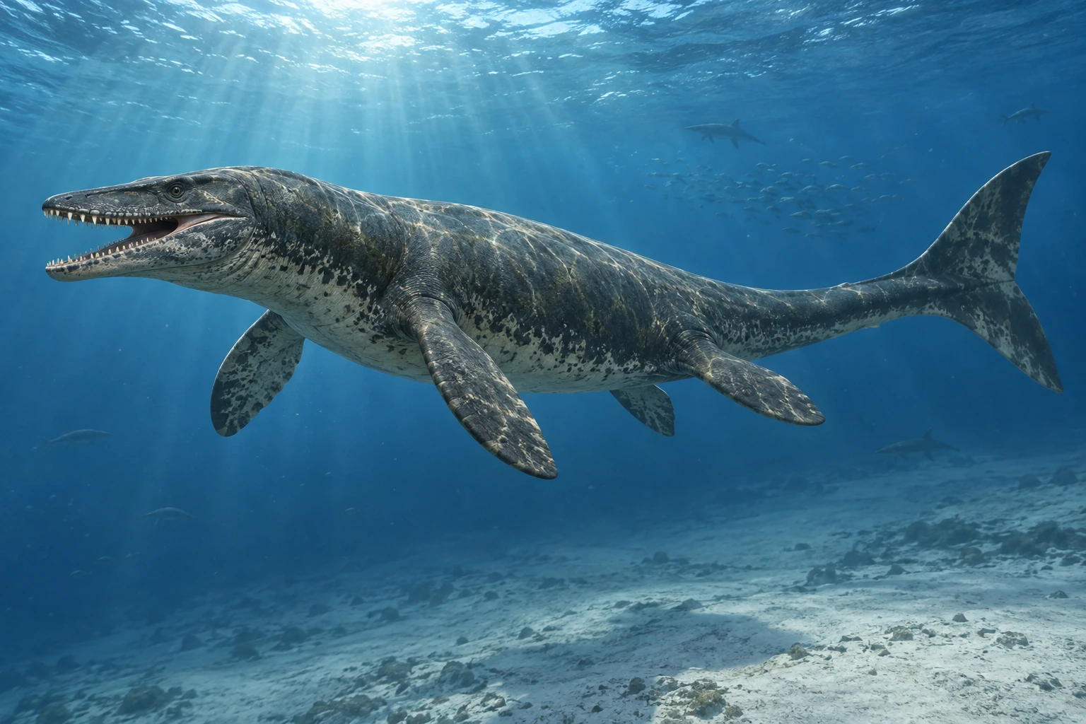 Artistic reconstruction of Mosasaurus in a marine setting; colors and missing soft tissues are interpretations.