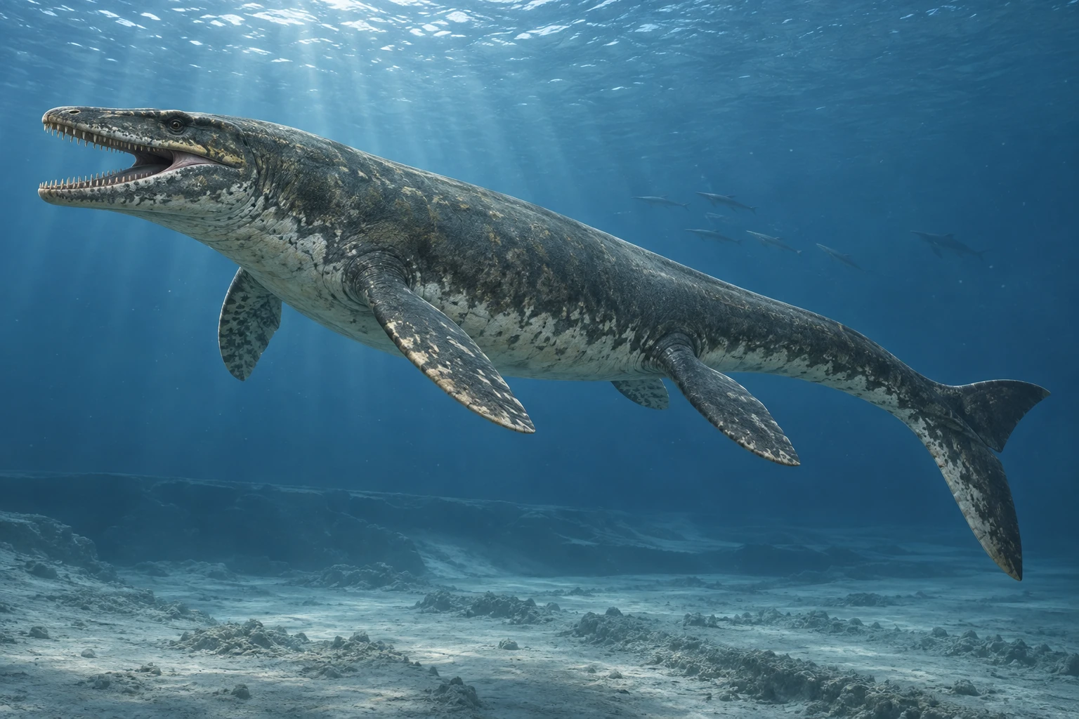 Illustrative life reconstruction of Mosasaurus in a period-appropriate environment; coloration and missing anatomy are interpretations.
