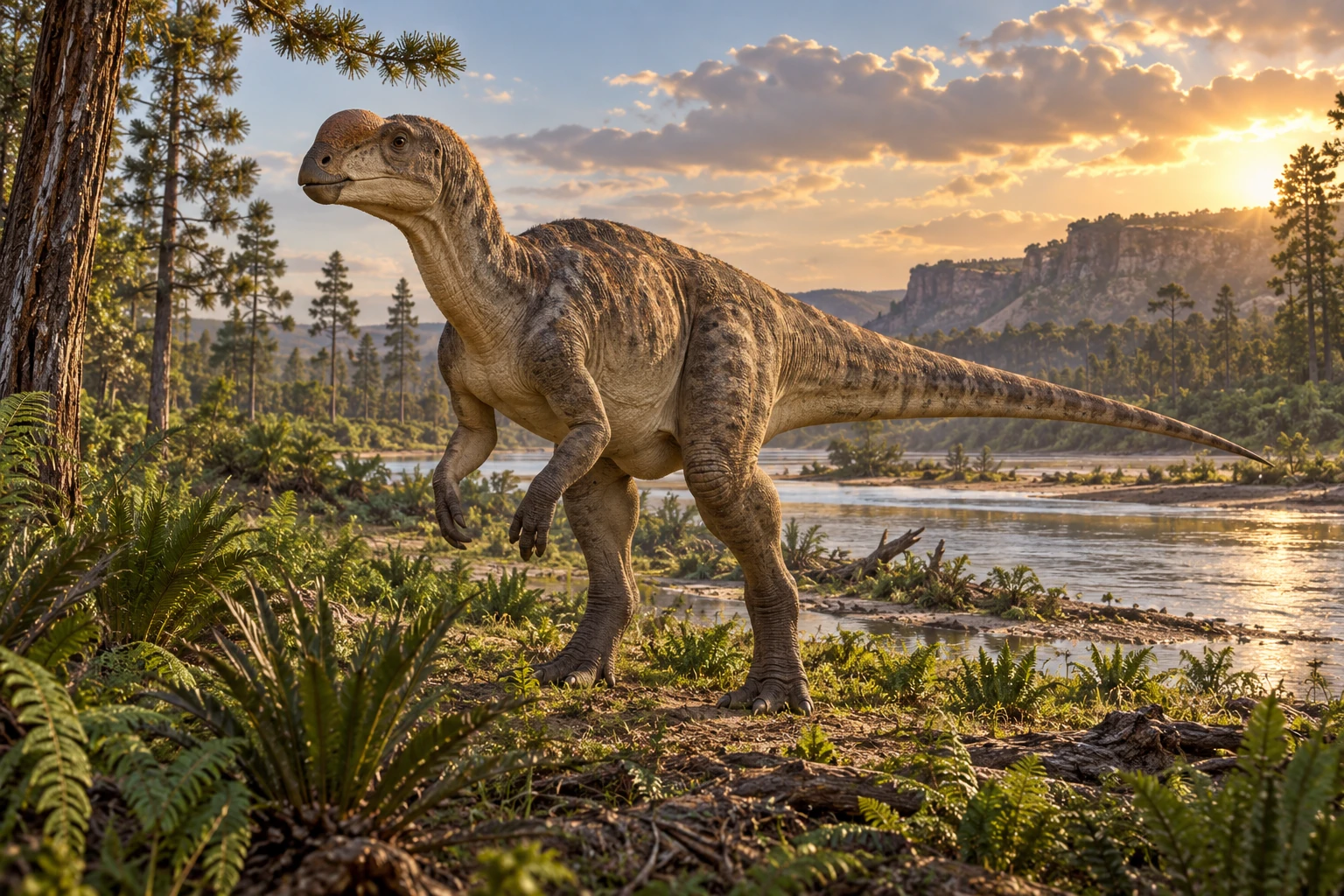 Illustrative reconstruction of Muttaburrasaurus langdoni; missing anatomy, pose and colors are hypotheses.