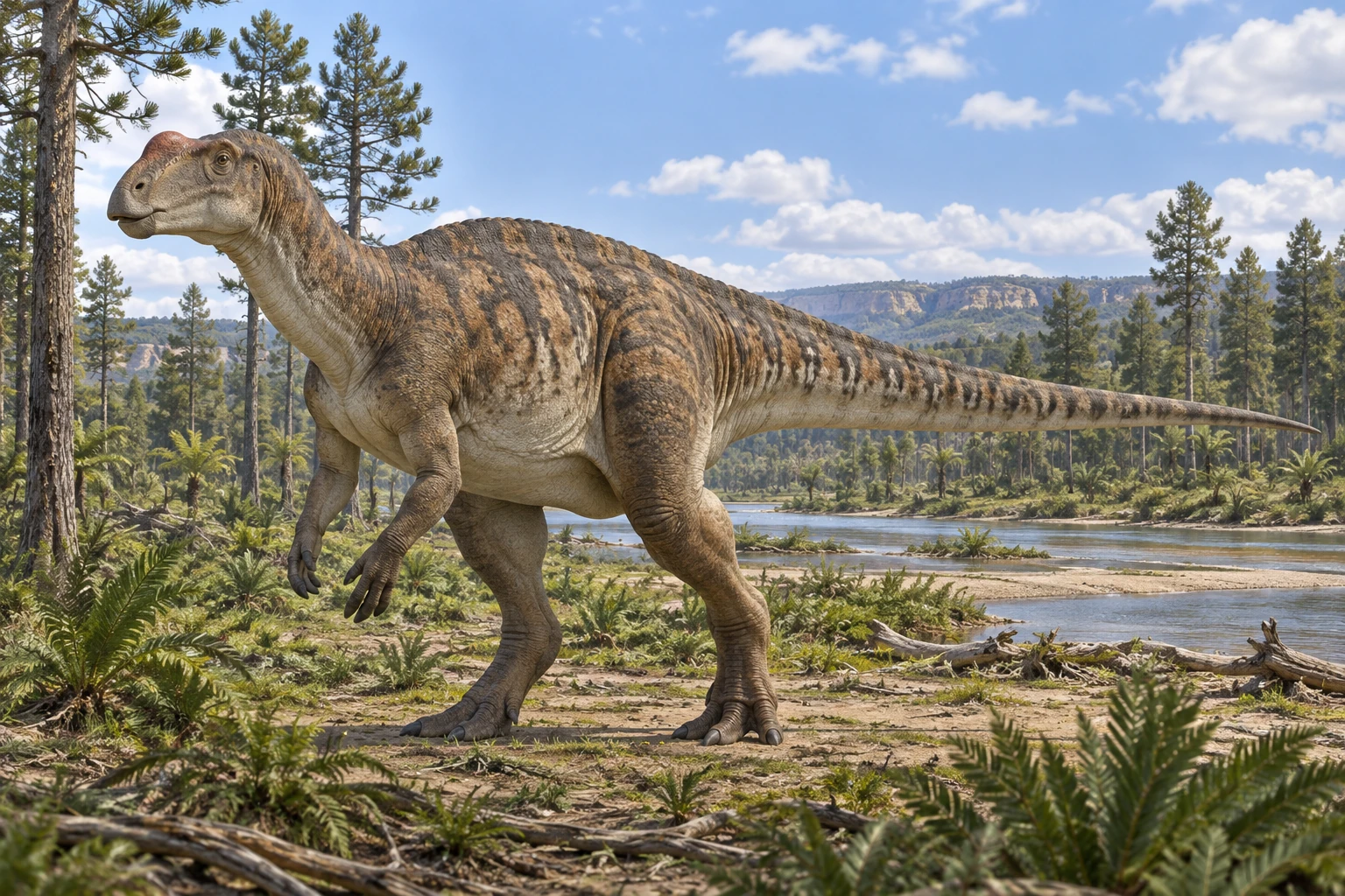 Illustrative life reconstruction of Muttaburrasaurus in a period-appropriate environment; coloration and missing anatomy are interpretations.