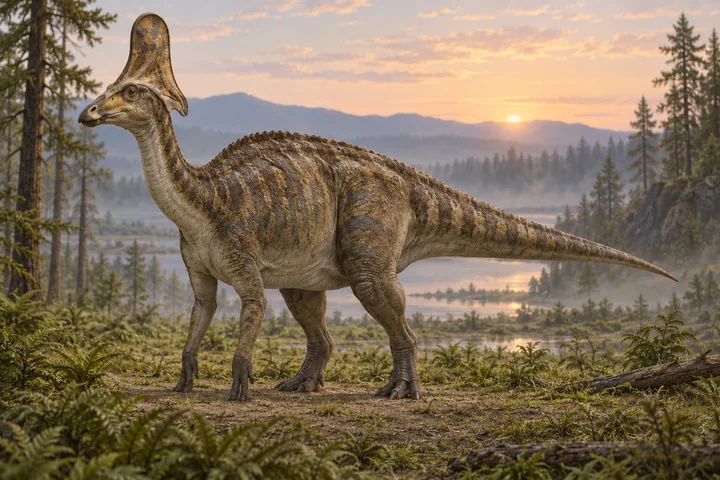 Illustrative reconstruction of Olorotitan; colors, soft tissues and restored details remain interpretive.