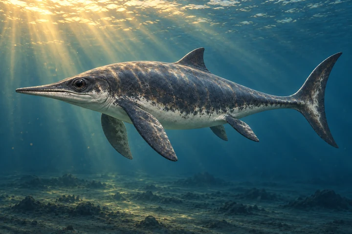 Ophthalmosaurus icenicus restored in a period-appropriate marine setting; colors and missing soft tissues are interpretive.
