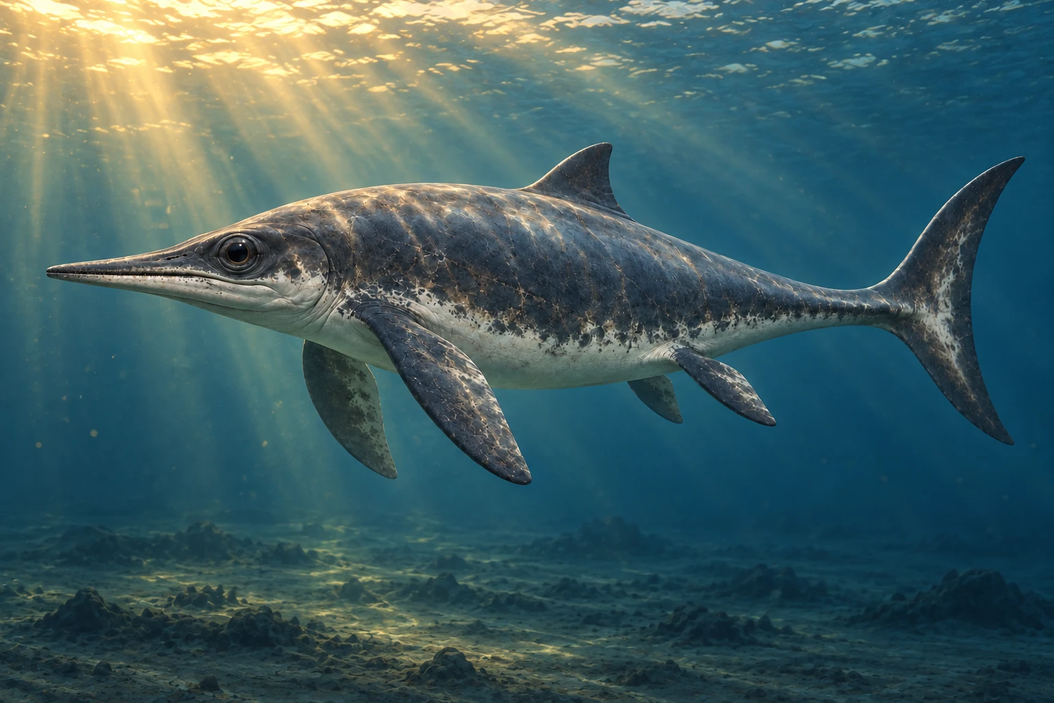 Ophthalmosaurus icenicus restored in a period-appropriate marine setting; colors and missing soft tissues are interpretive.