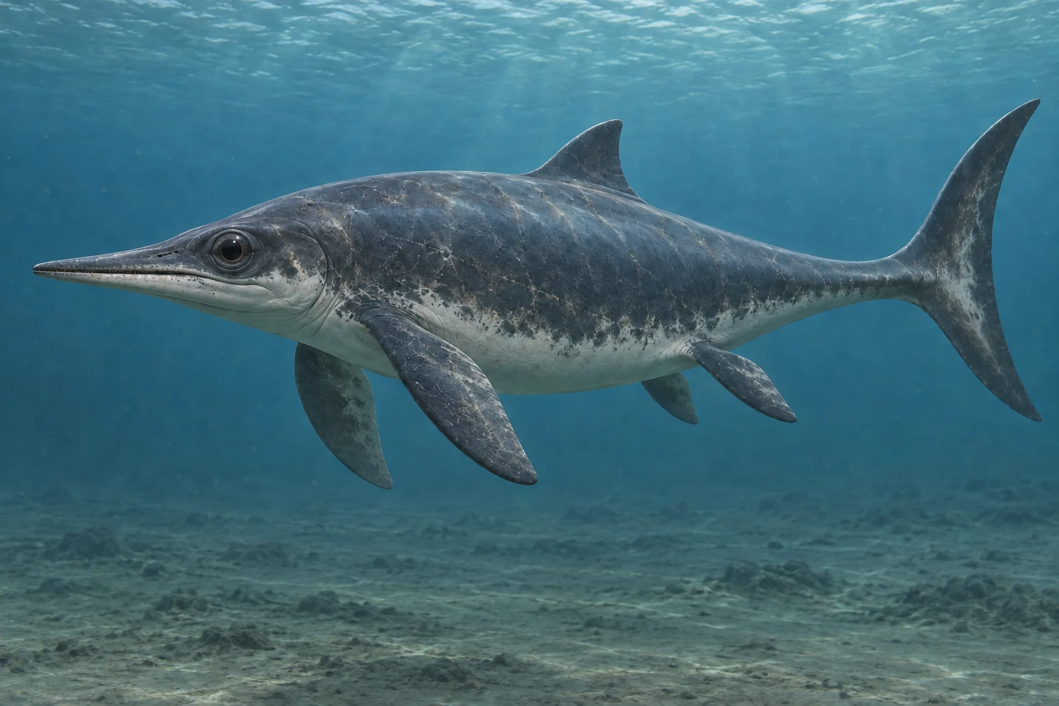 Illustrative life reconstruction of Ophthalmosaurus in a period-appropriate environment; coloration and missing anatomy are interpretations.