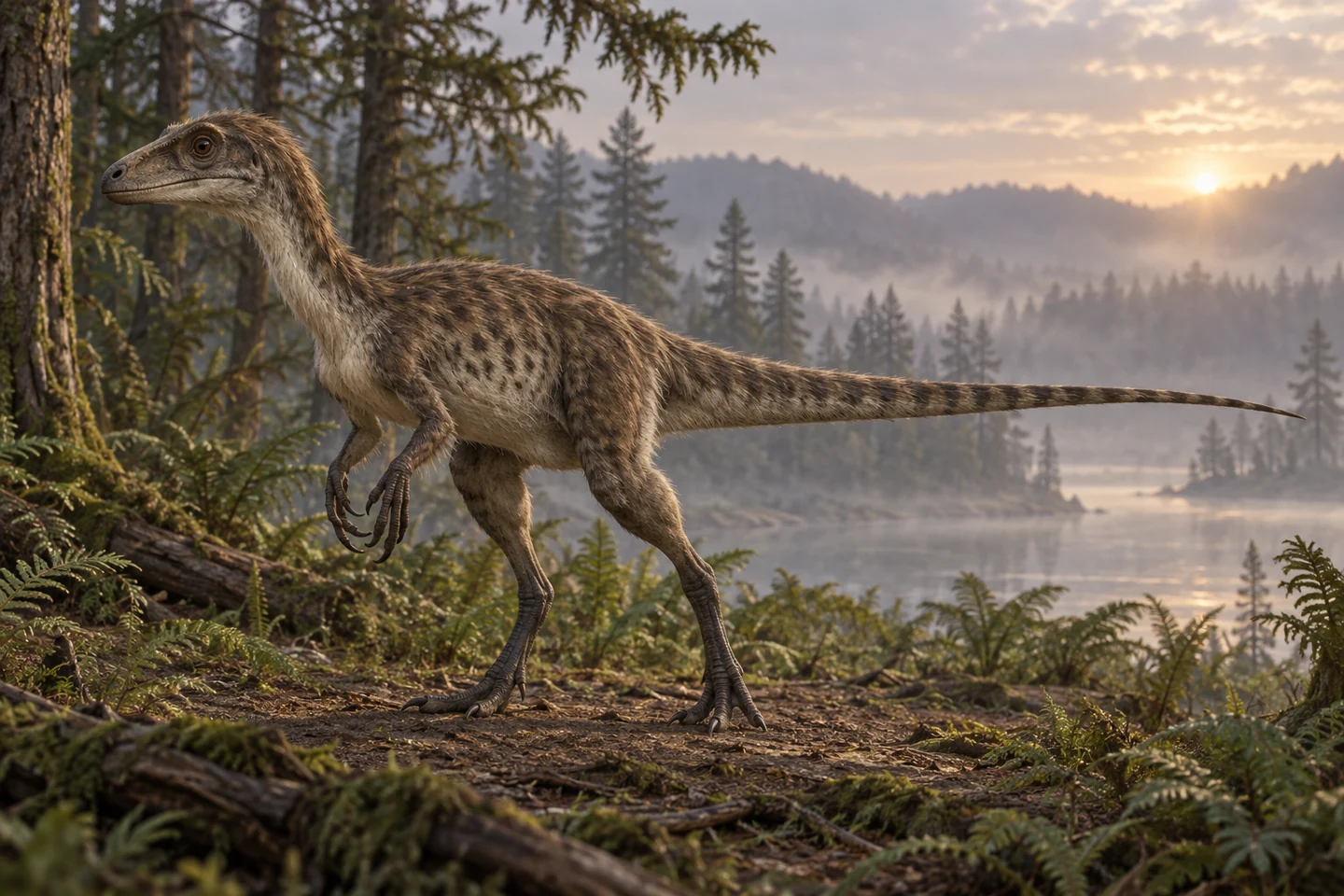 Illustrative reconstruction of Ornitholestes hermanni; restored covering and colors are scenarios.