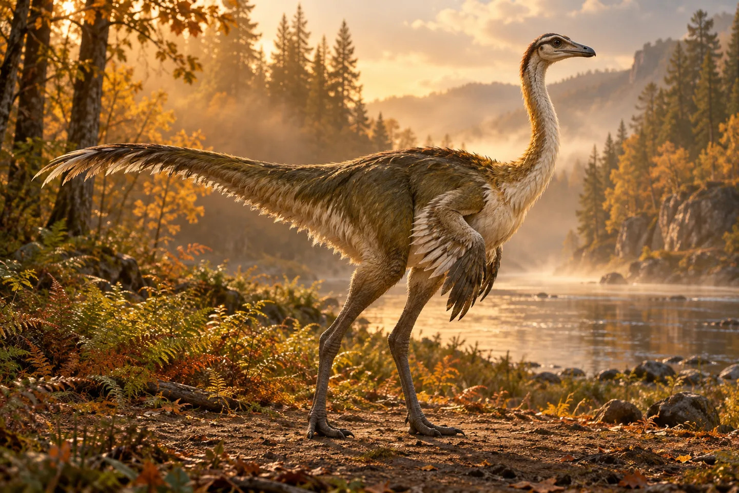 Original cinematic Ornithomimus picture: Cinematic adult Ornithomimus with long-legged running proportions, downy covering and feathered forearms; poised birdlike stance with balancing tail in soft floodplain light.