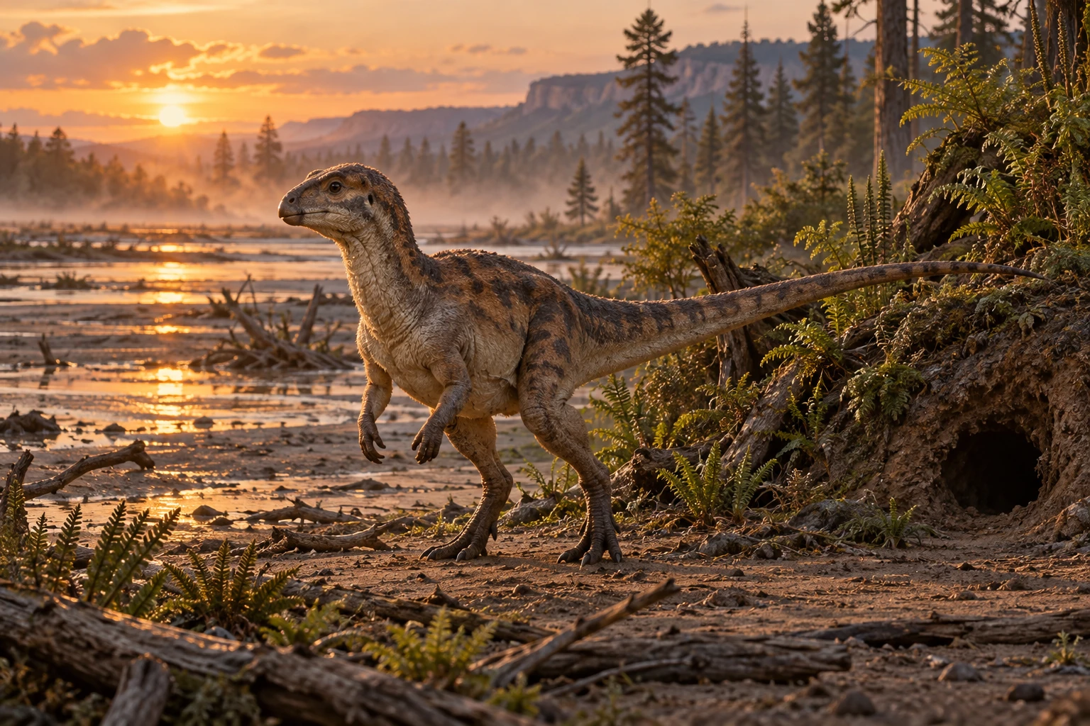 Illustrative reconstruction of Oryctodromeus cubicularis; missing anatomy, pose, skin and colors are hypotheses.