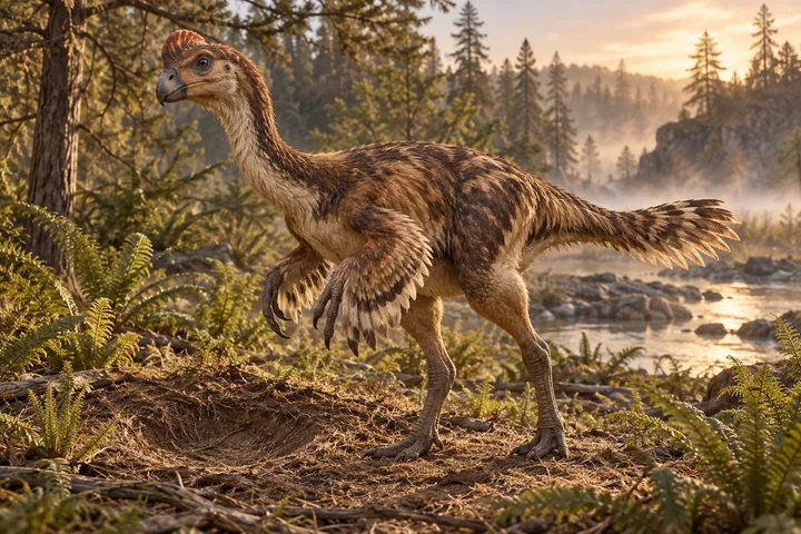 Full-body movie-style Oviraptor in a dramatic prehistoric landscape; Original artwork.