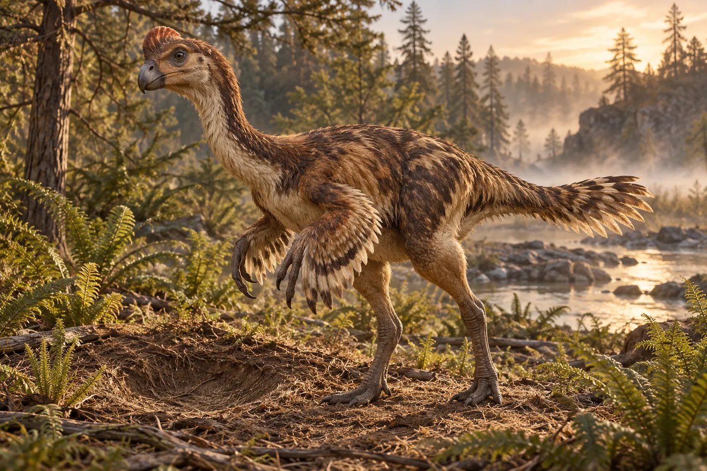 Original cinematic Oviraptor picture: Cinematic Oviraptor with toothless beak, three-fingered hands, modest conservative head profile and plausible inferred feathers; quiet nest-side pose in Mongolia.