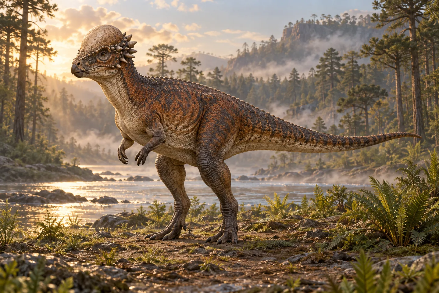 Original cinematic Pachycephalosaurus picture: Cinematic bipedal Pachycephalosaurus with rounded bony head dome, surrounding bumps and small spikes; balanced long tail and speculative scaled colouring.