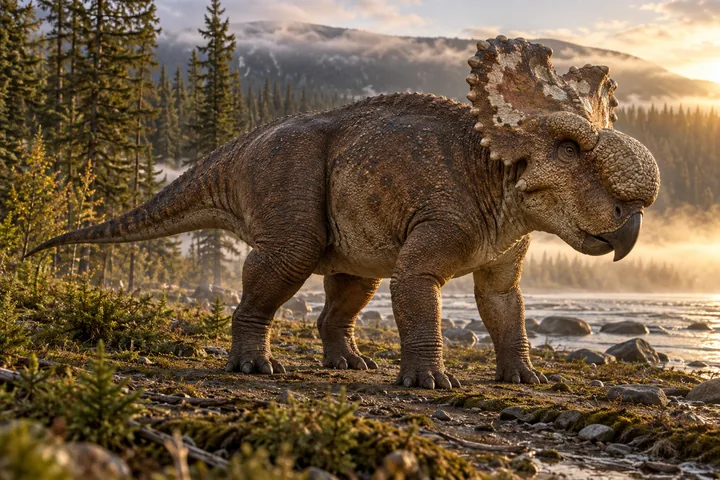 Full-body movie-style Pachyrhinosaurus in a dramatic prehistoric landscape; Original artwork.