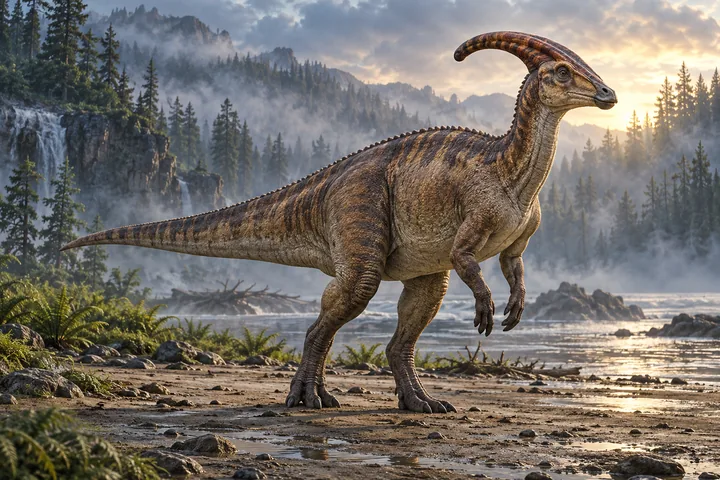 Parasaurolophus beside a forest lake, posed on its hind legs with forearms raised and a long crest curving backward.