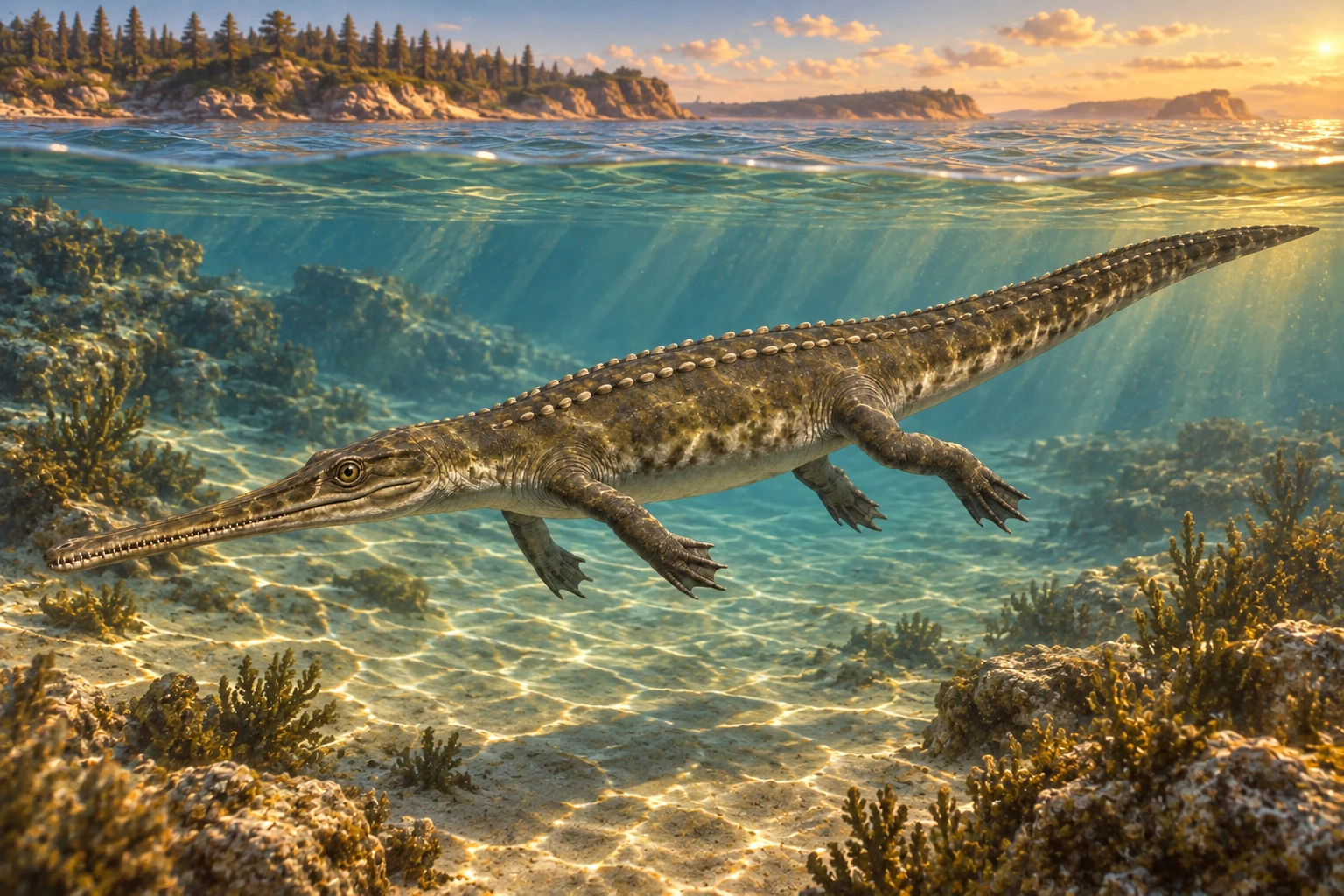 Illustrative life reconstruction of Pelagosaurus in its interpreted aquatic environment.
