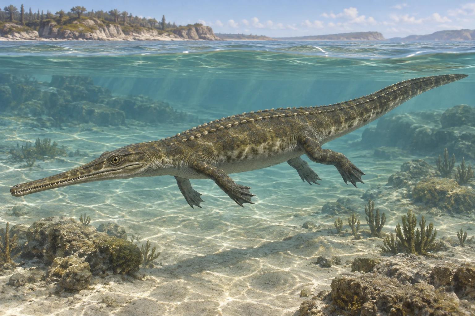 Illustrative life reconstruction of Pelagosaurus in a period-appropriate environment; coloration and missing anatomy are interpretations.